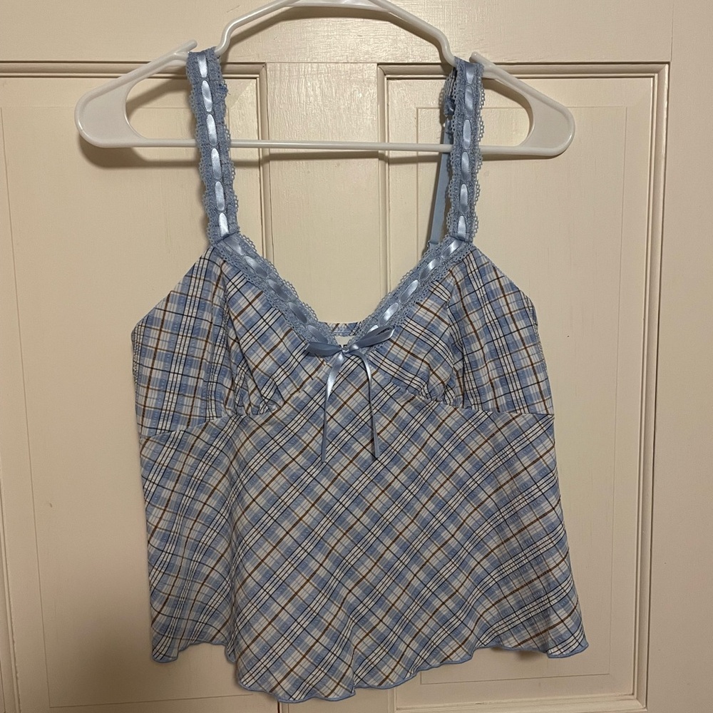 No Boundaries Light Blue Plaid Lace-Trim Camisole